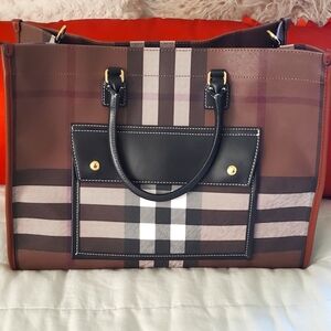 Tan and brown plaid tote